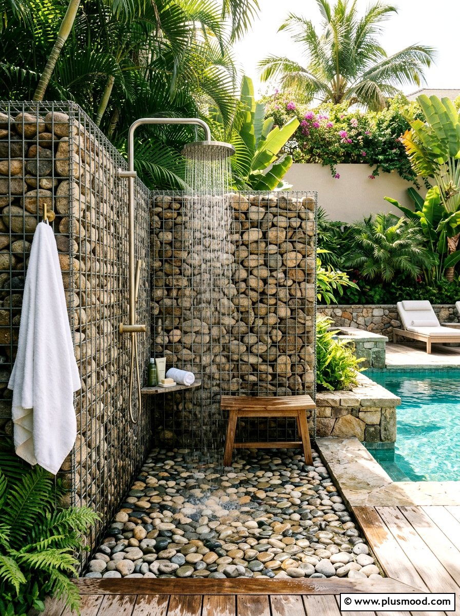 Gabion Wall Shower Enclosure - 25 pool landscaping ideas with gabion walls