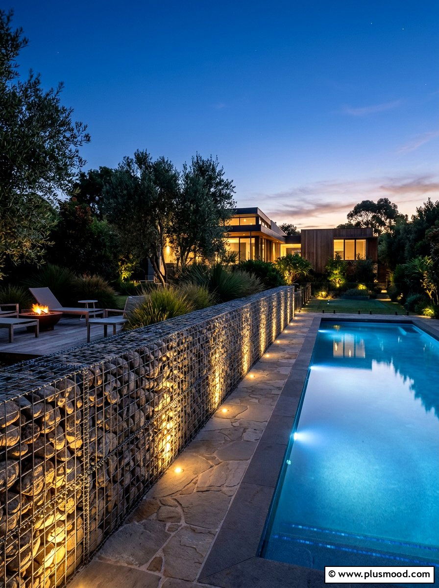 Gabion Wall With Integrated Lighting - 25 pool landscaping ideas with gabion walls