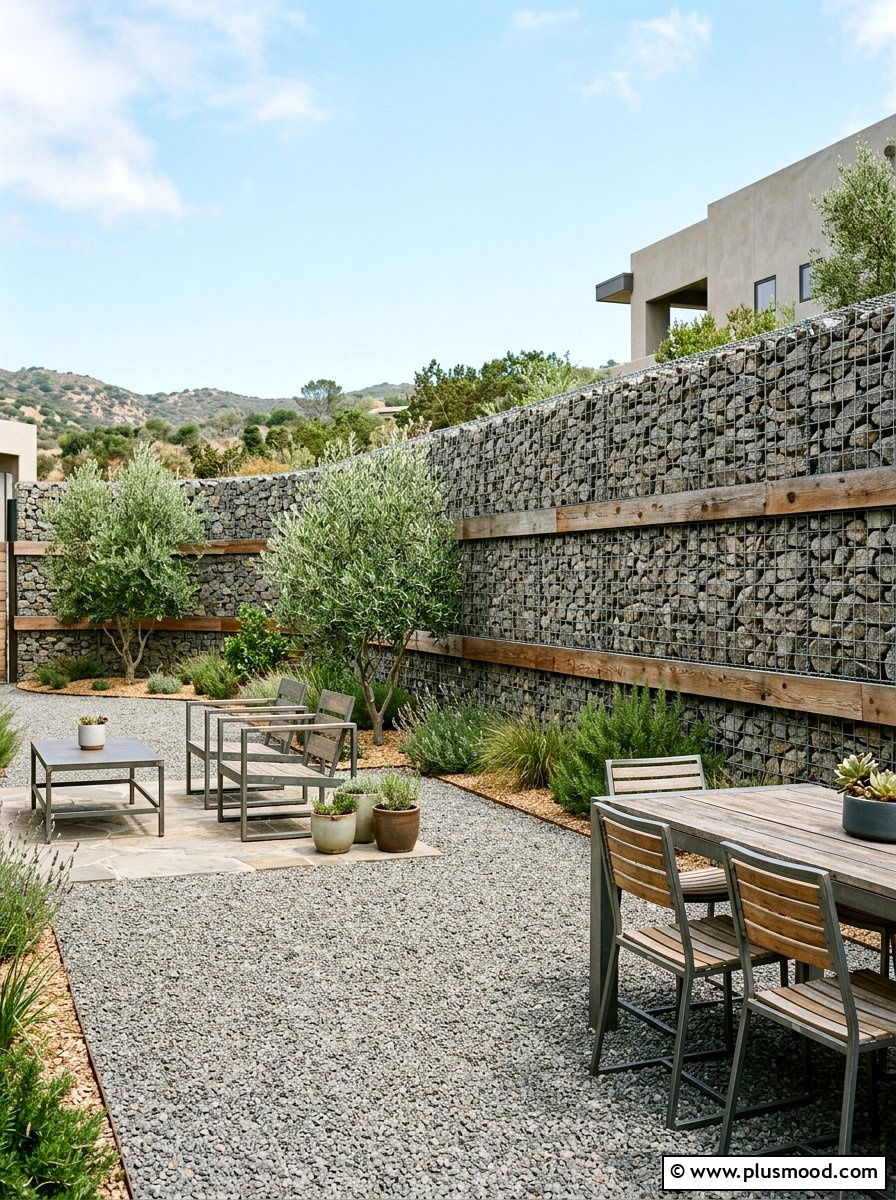 Gabion Wall With Wood Accents - 25 small backyard ideas for privacy