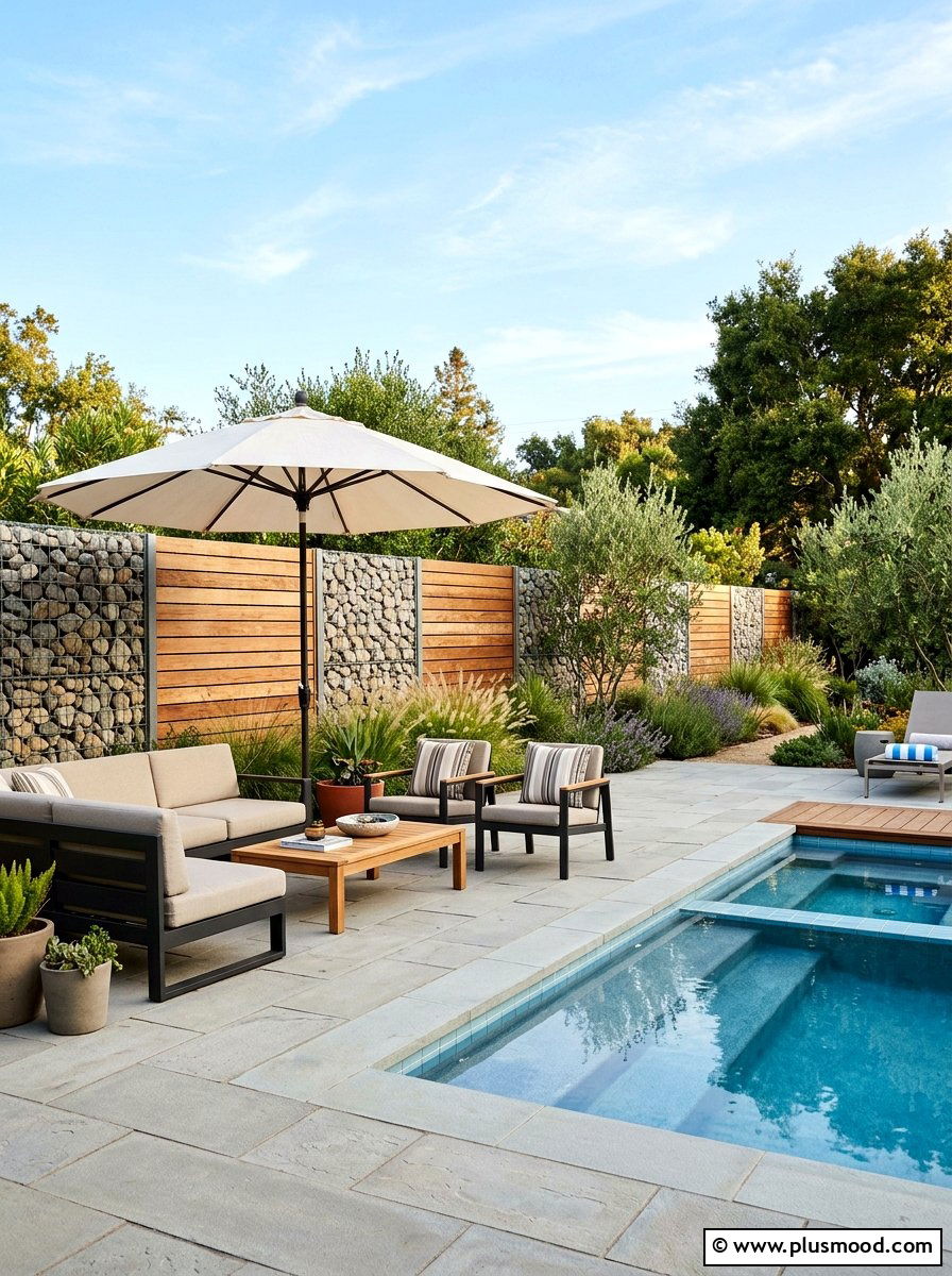 Gabion Wall With Wood Accents - 25 pool landscaping ideas with gabion walls