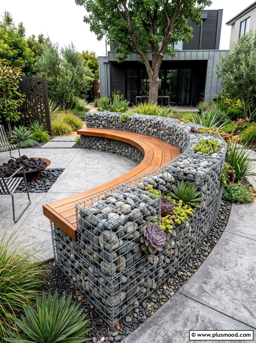 Gabion wall seating - 25 small backyard ideas with seating wall