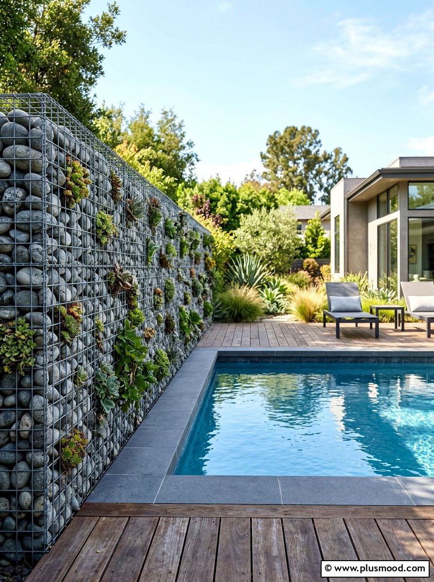 Gabion wall with greenery - 25 pool landscaping ideas for privacy screen