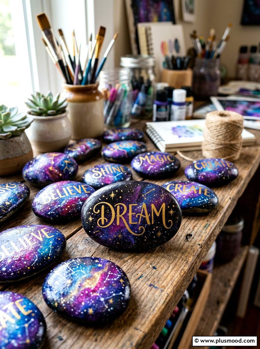 Galaxy Themed Inspirational Rocks - 25 painted rock ideas with inspirational words