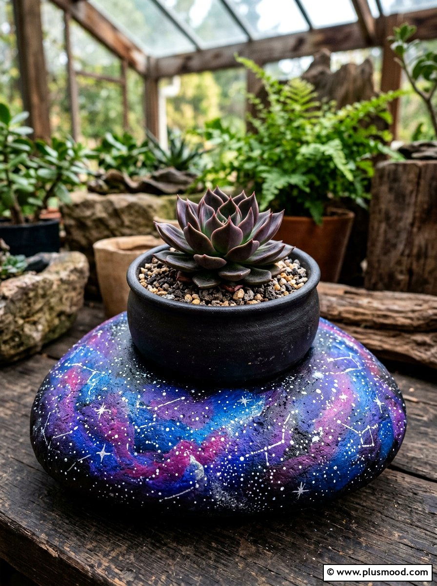 Galaxy rock painting - 25 painted rock ideas for potted plant display