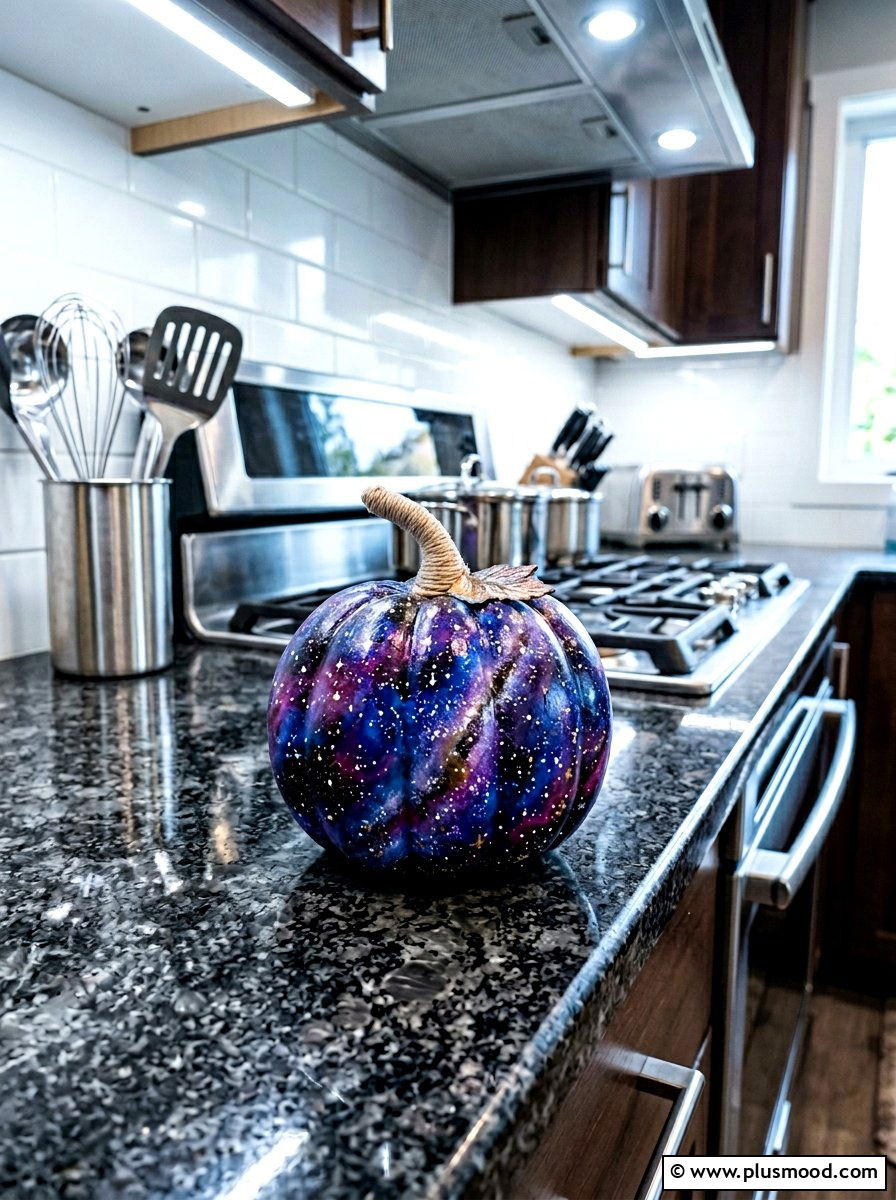 Galaxy style pumpkin rock - 25 painted rock ideas with pumpkin art