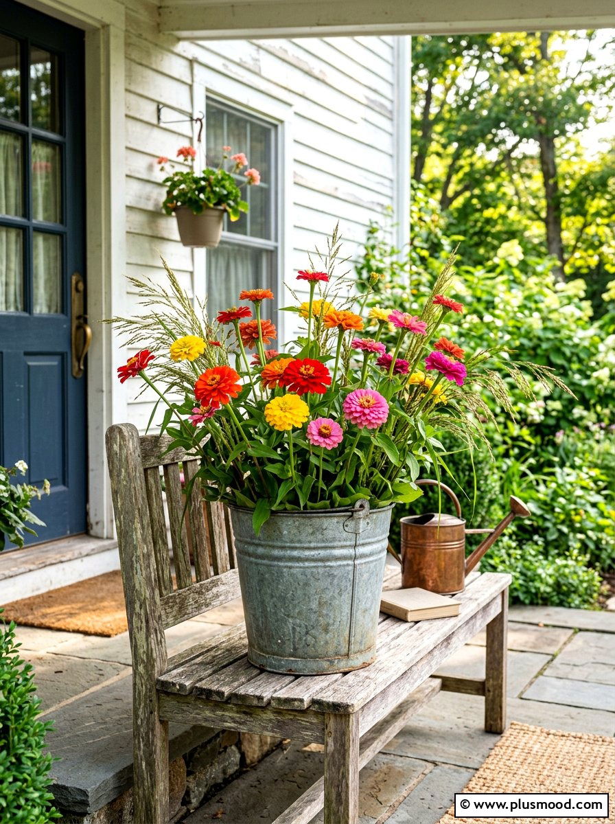 Galvanized Bucket Flower Display - 25 late summer planter ideas for porch