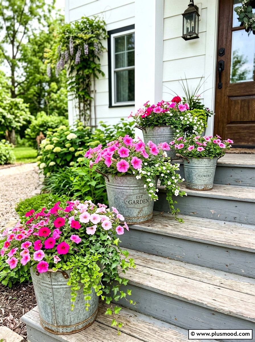Galvanized Bucket Planters - 25 budget summer front porch decor ideas