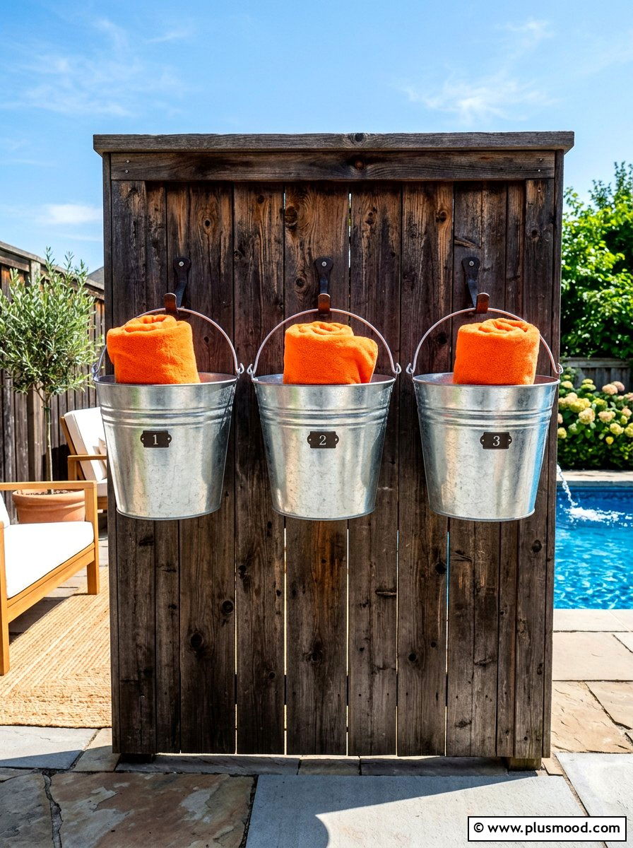 Galvanized Bucket Pool Towel Storage - 25 summer towel station ideas for pool area