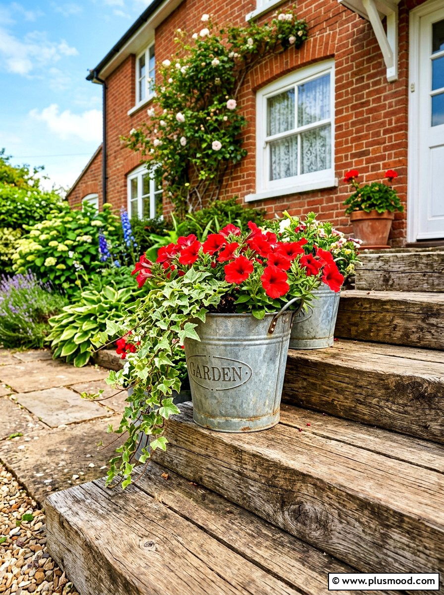 Galvanized Metal Bucket - 25 summer front steps ideas for summer