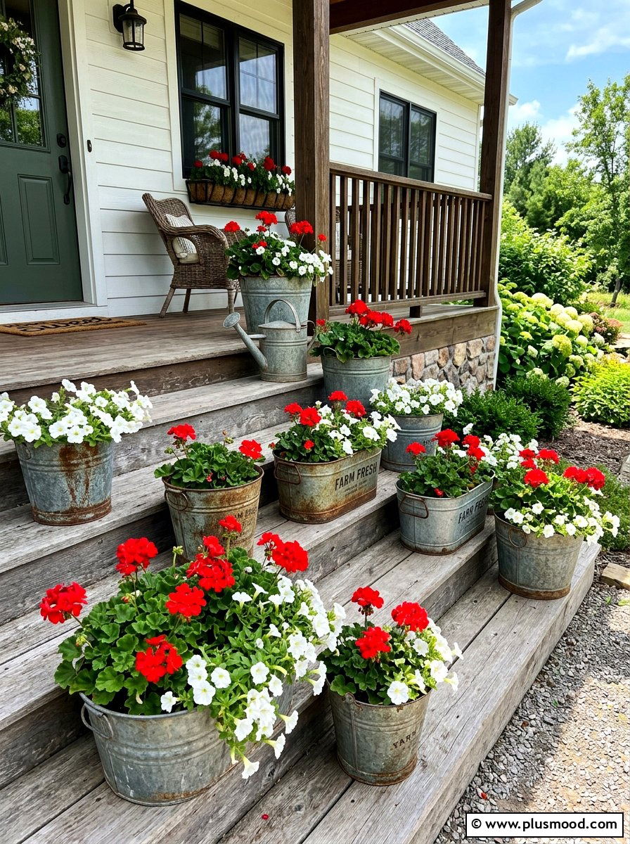 Galvanized Metal Planter Porch - 25 summer farmhouse decor ideas