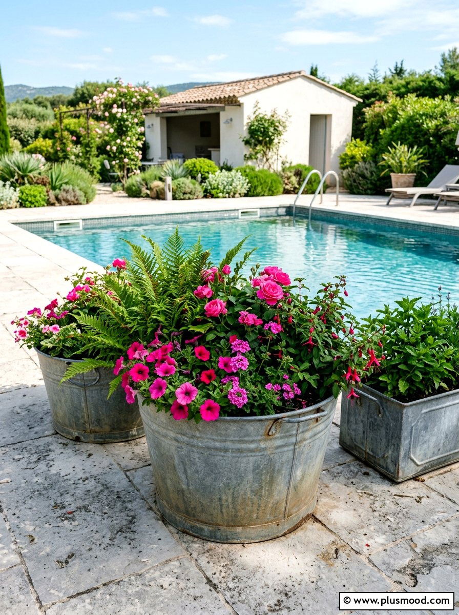 Galvanized Metal Planters - 25 summer farmhouse pool area ideas