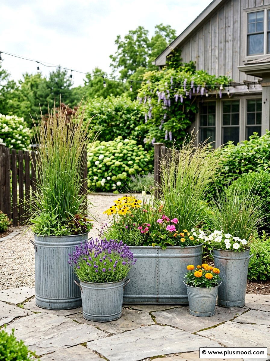 Galvanized Metal Planters - 25 small backyard ideas farmhouse style