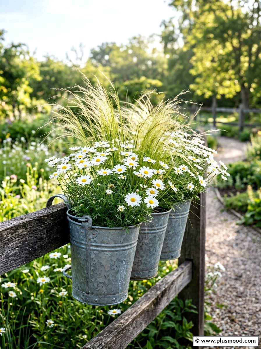 Galvanized Metal Rail Bucket - 25 summer porch rail planter ideas
