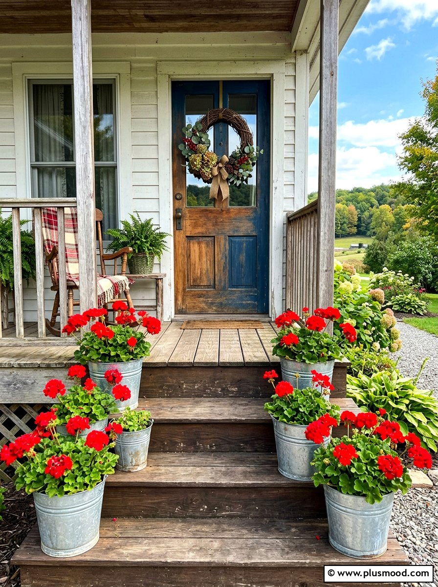 Galvanized bucket geranium display - 25 summer planters with geraniums ideas