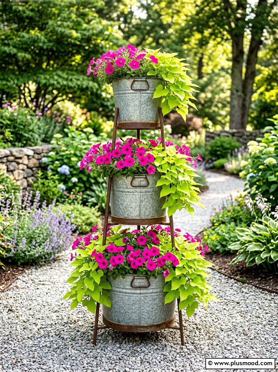 Galvanized bucket plant tower - 25 summer stacked planter ideas