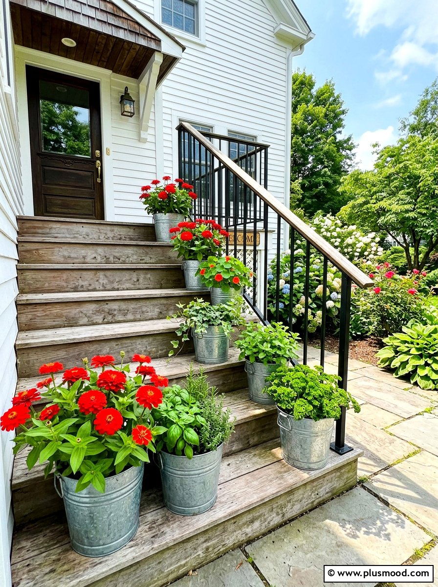 Galvanized bucket porch planters - 25 summer farmhouse porch ideas
