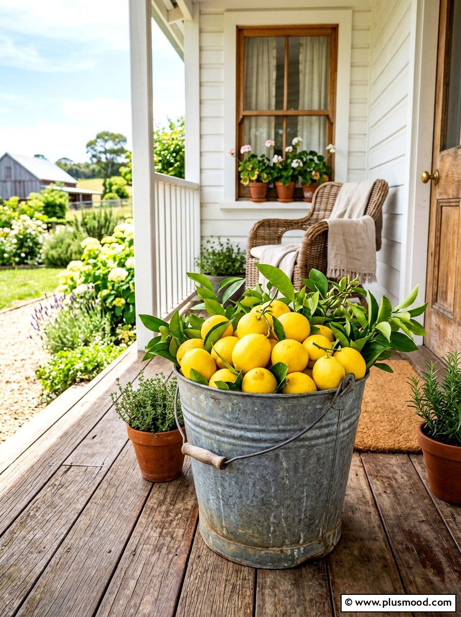 Galvanized bucket with lemons - 25 summer front porch decor ideas with lemons