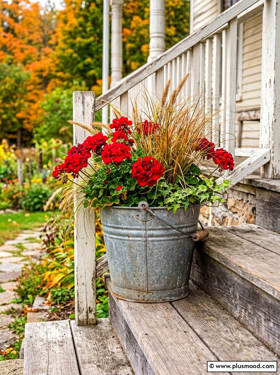 Galvanized metal bucket - 25 summer to fall front porch planter ideas