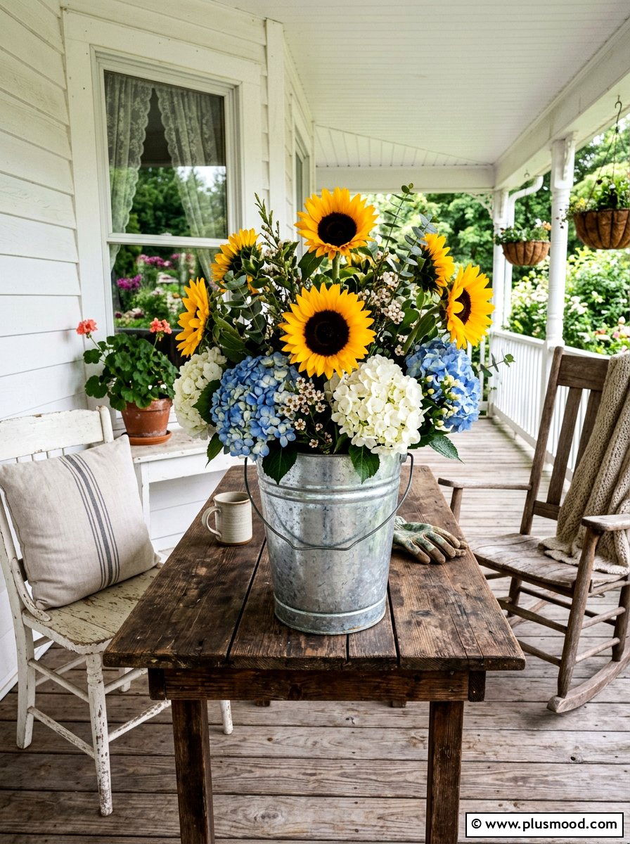 Galvanized metal bucket flower arrangement - 25 summer porch table decor ideas