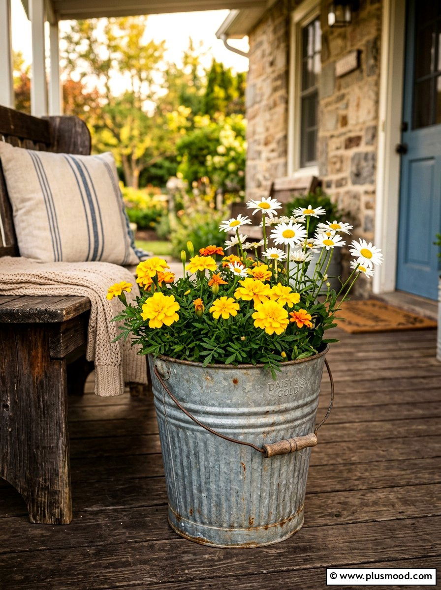 Galvanized metal bucket planter - 25 summer front porch planter ideas