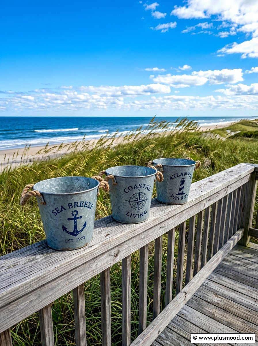 Galvanized metal nautical bucket - 25 summer coastal planter ideas