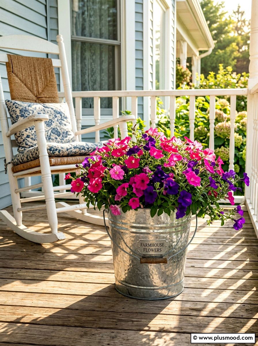 Galvanized metal porch flower bucket - 25 summer French country summer decor ideas