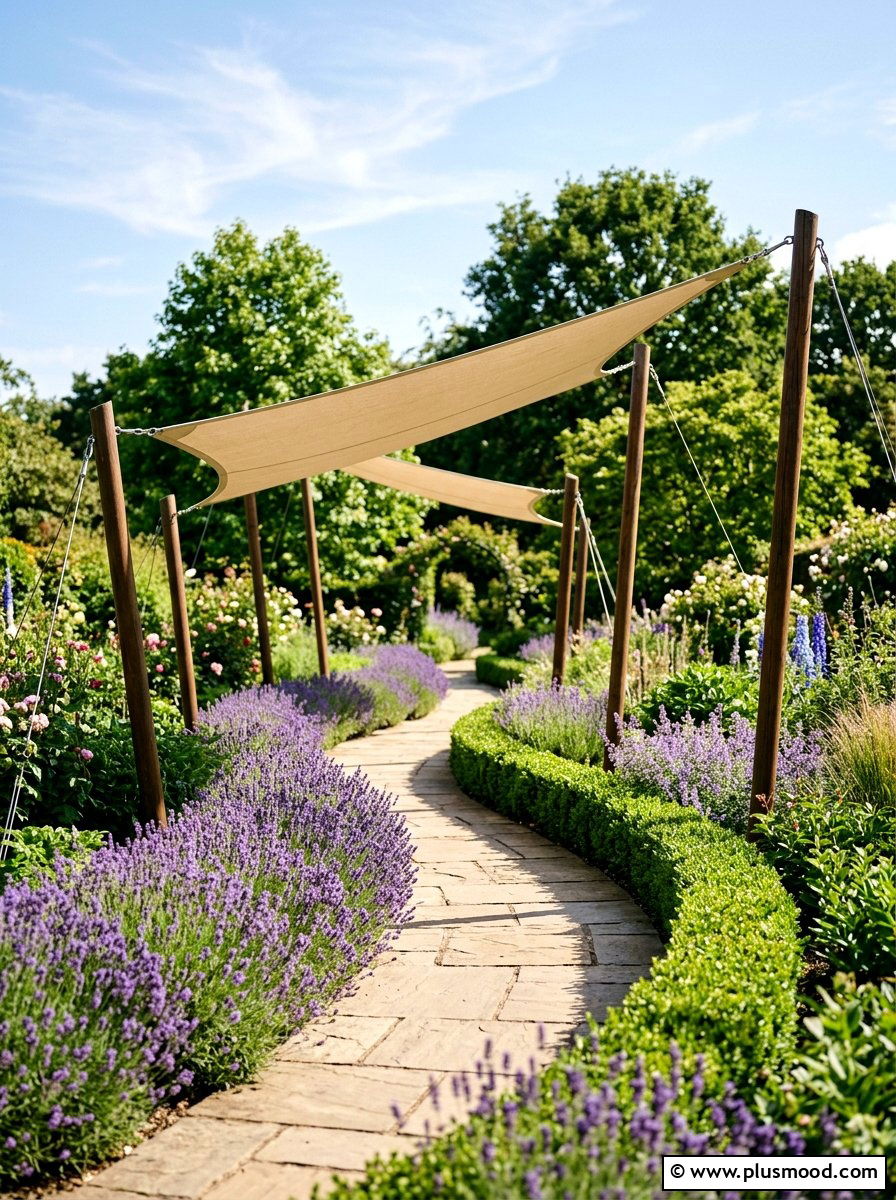 Garden Path With Curved Sun Shading - 25 small backyard ideas with shade sail