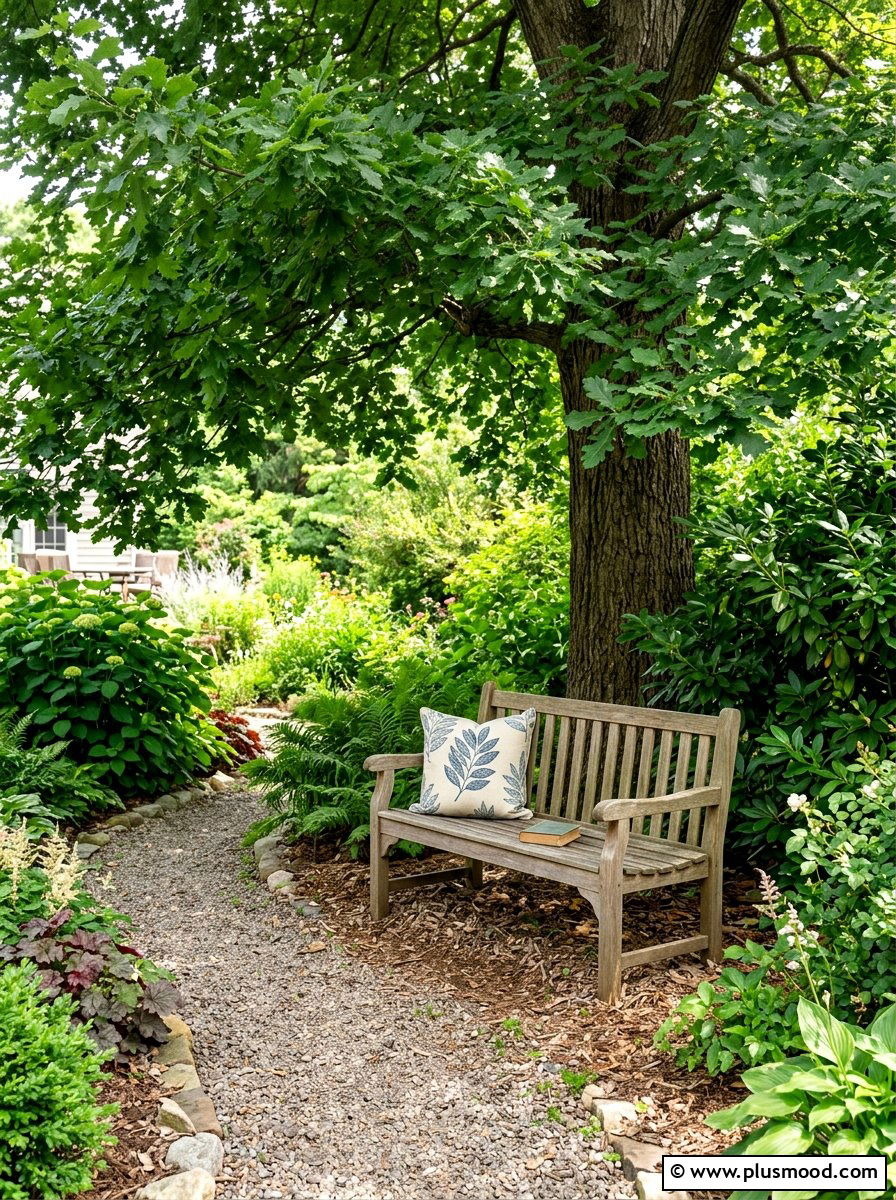 Garden bench under tree - 25 late summer patio ideas