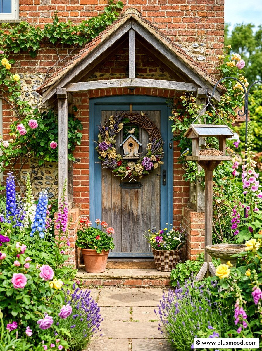 Garden birdhouse wreath - 25 summer front porch wreath ideas