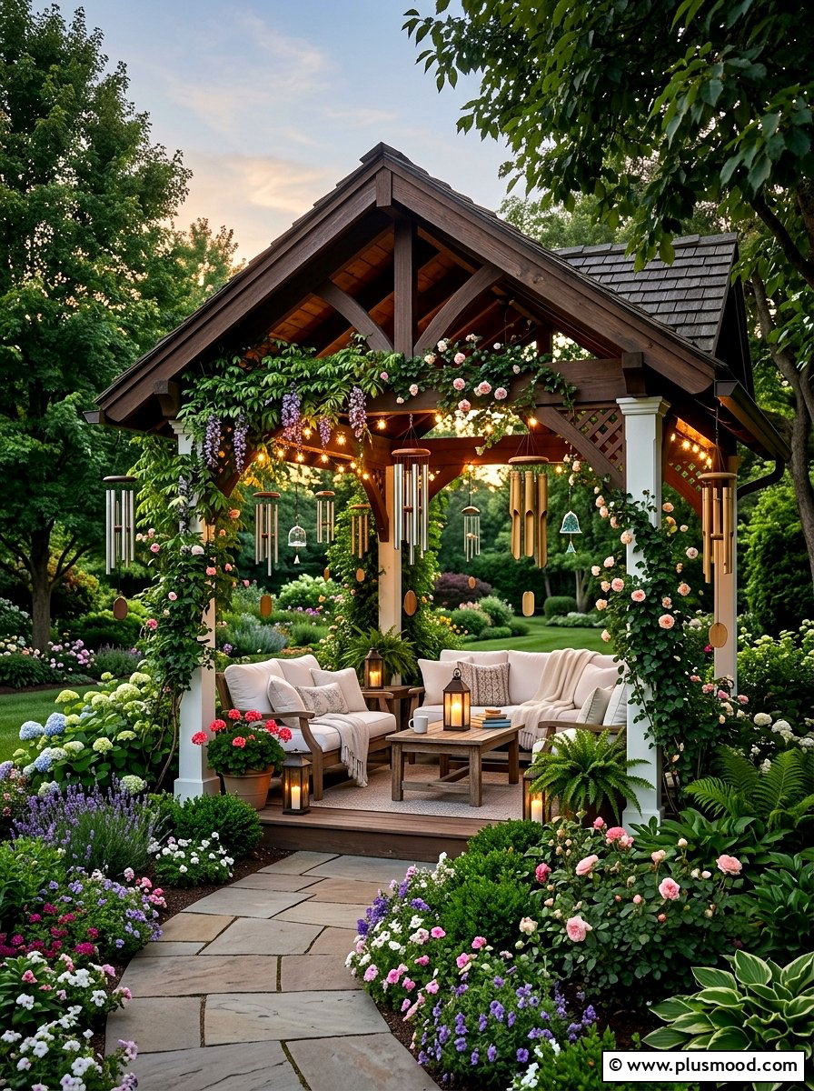 Garden gazebo relaxation area - 25 outdoor garden decor ideas with wind chimes