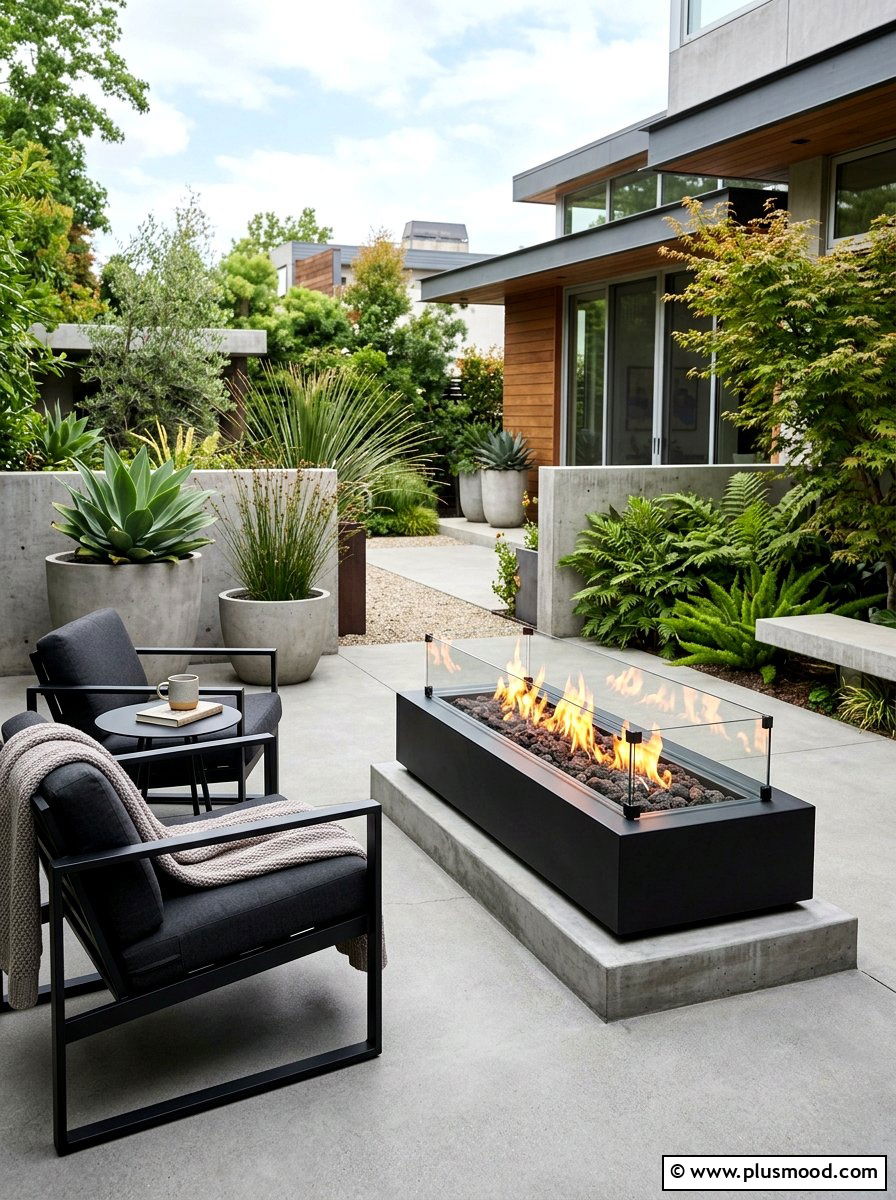 Gas fireplace on small concrete patio - 25 small backyard ideas with outdoor fireplace