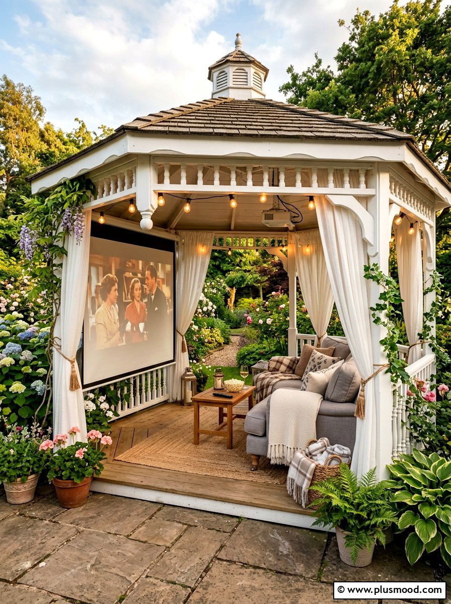 Gazebo Cinema Room - 25 small backyard ideas with movie screen