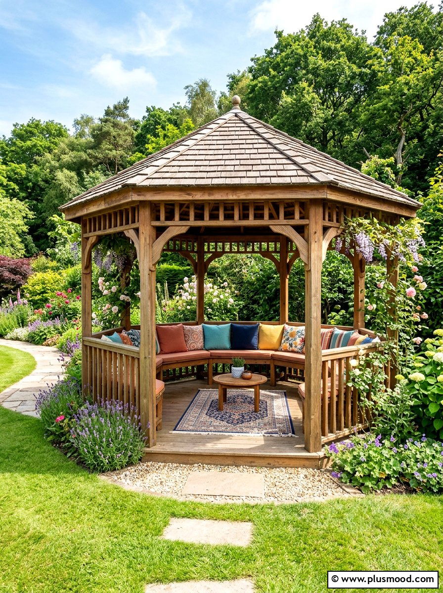 Gazebo with built in seating - 25 small backyard ideas with gazebo