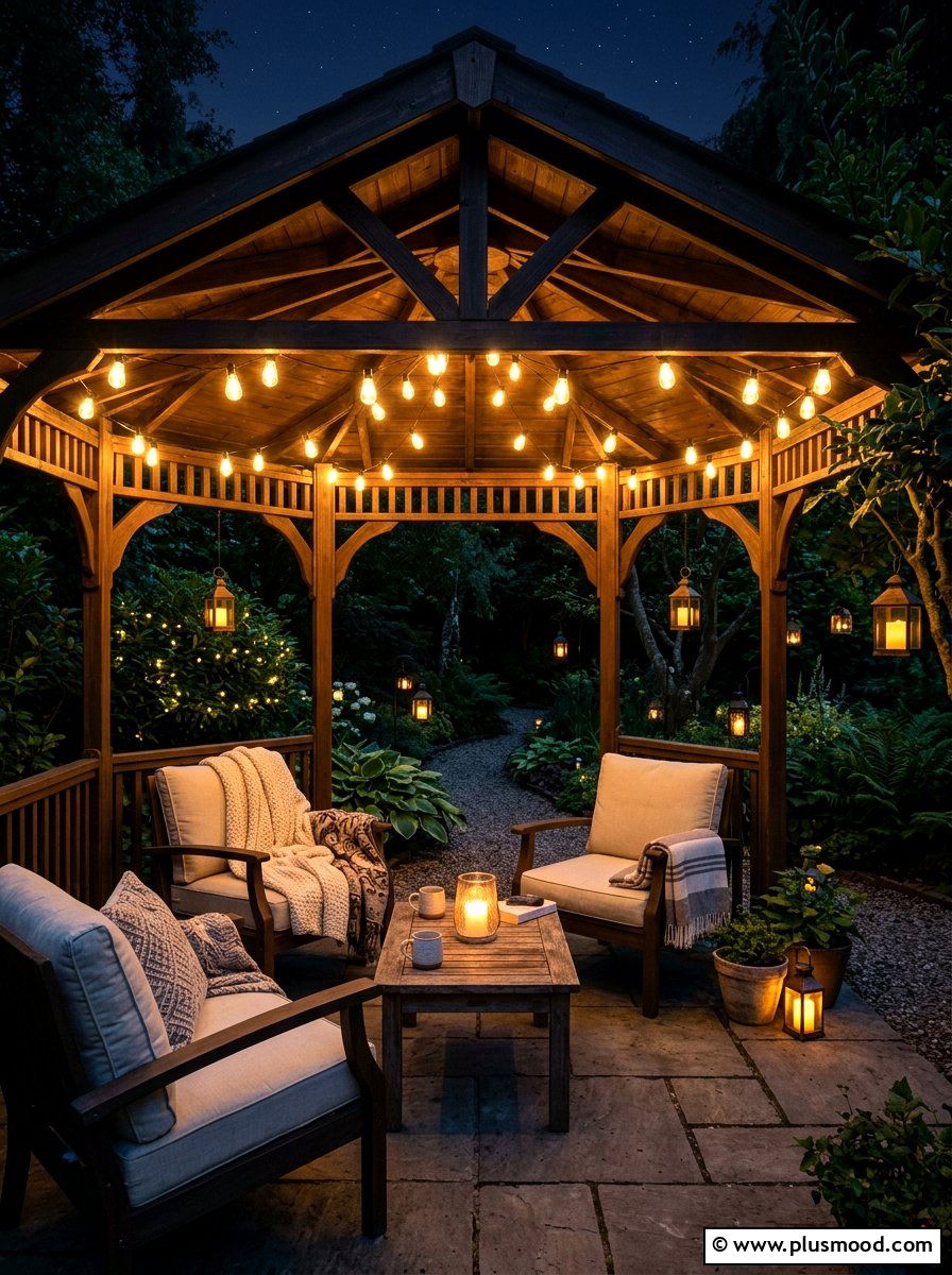Gazebo with string lights - 25 small backyard ideas with gazebo