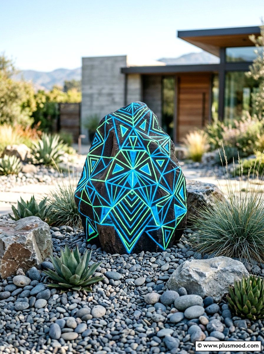 Geometric Glow Rock - 25 painted rock ideas with glow in the dark paint