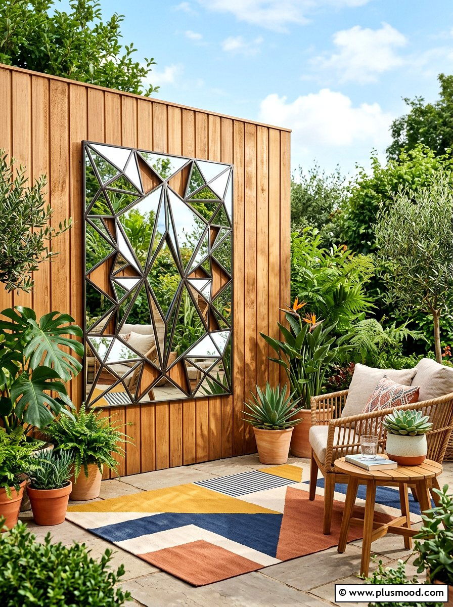 Geometric Mirror Wall Decor - 25 small backyard ideas with mirror