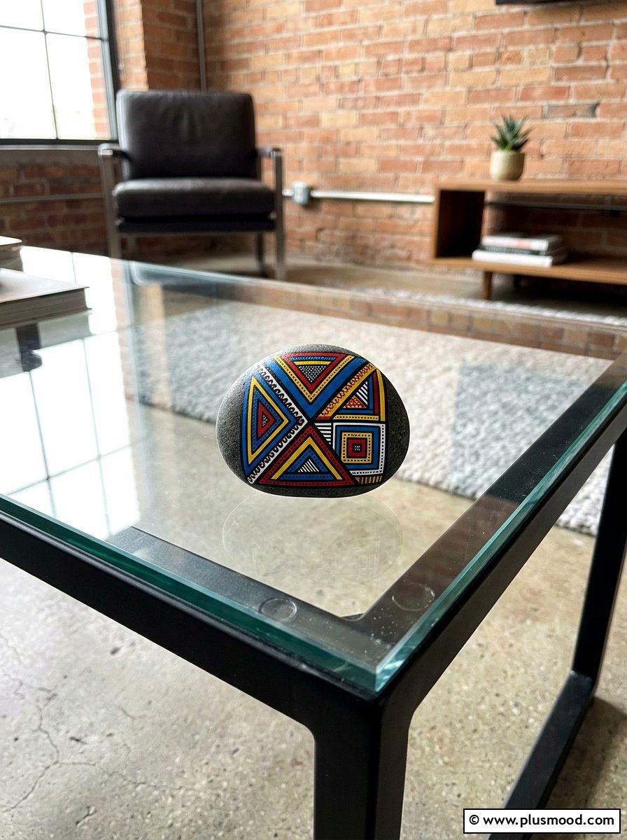 Geometric Painted Pebble - 25 painted rock ideas with zentangle art