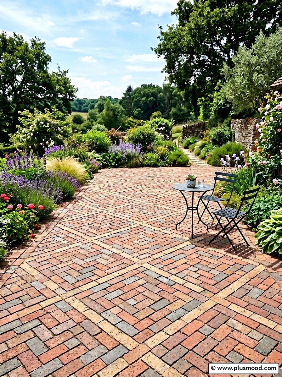 Geometric Pattern Brick Patio - 25 small backyard ideas with brick patio