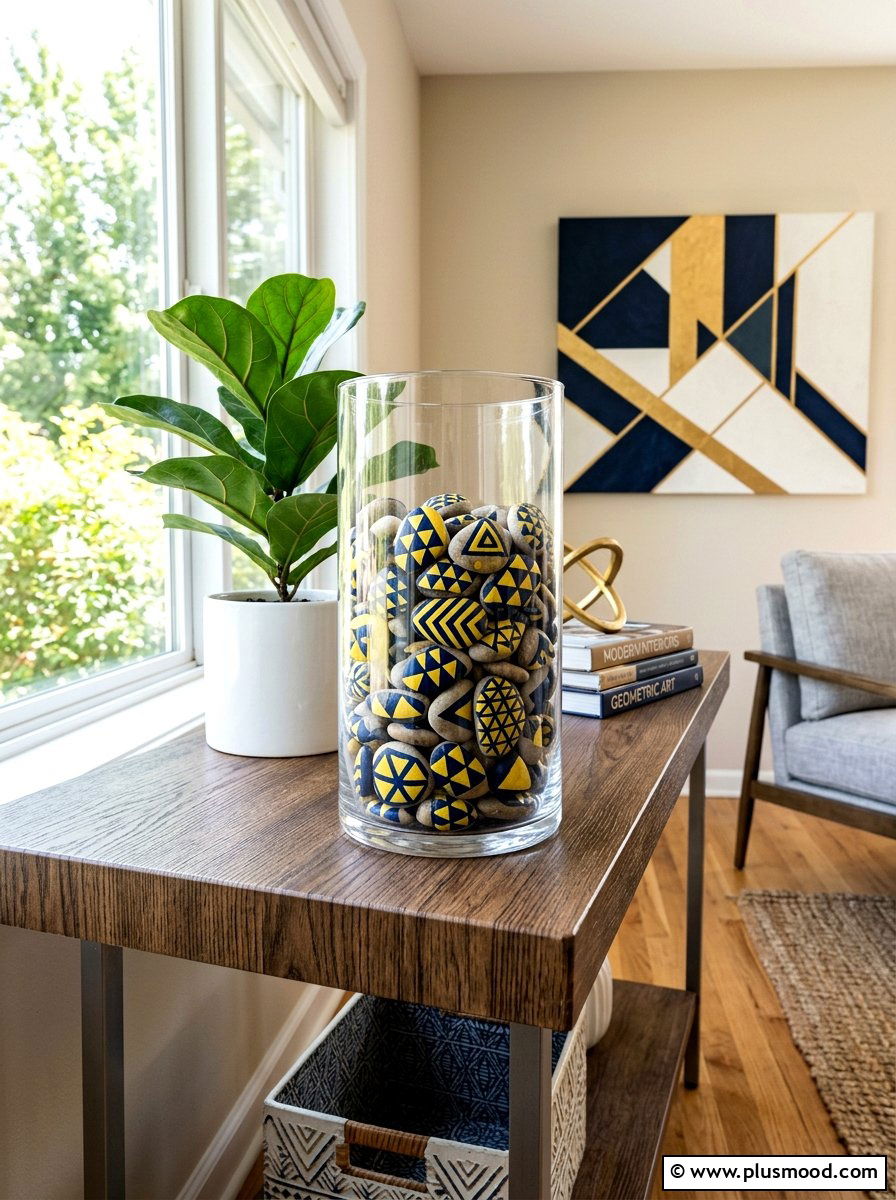 Geometric Pattern Pebbles - 25 painted rock ideas for tabletop display