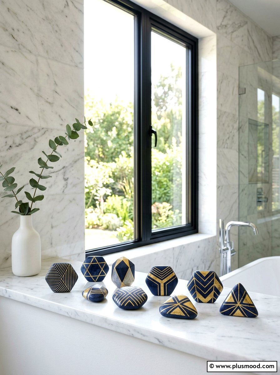 Geometric Pattern Stones - 25 painted rock ideas for window sill display