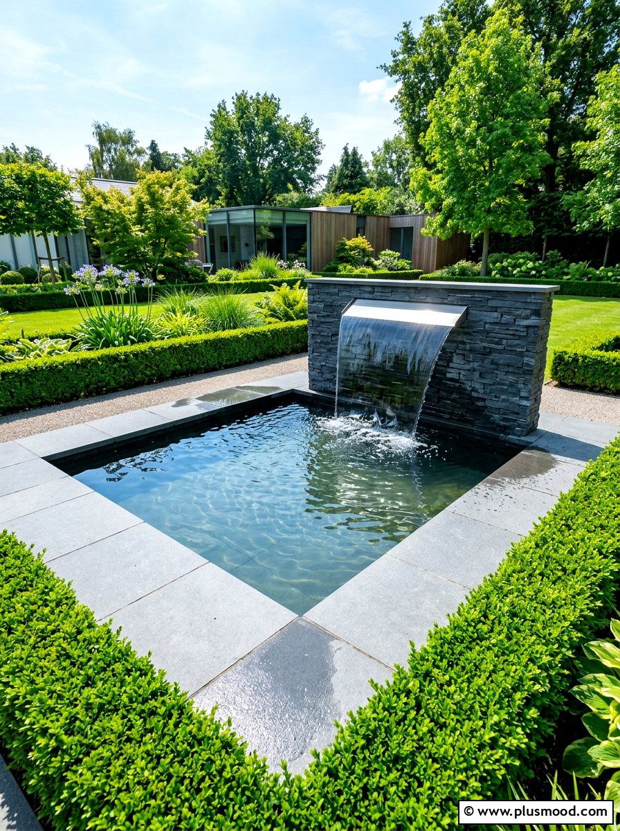 Geometric Pond With Waterfall - 25 summer water feature backyard ideas