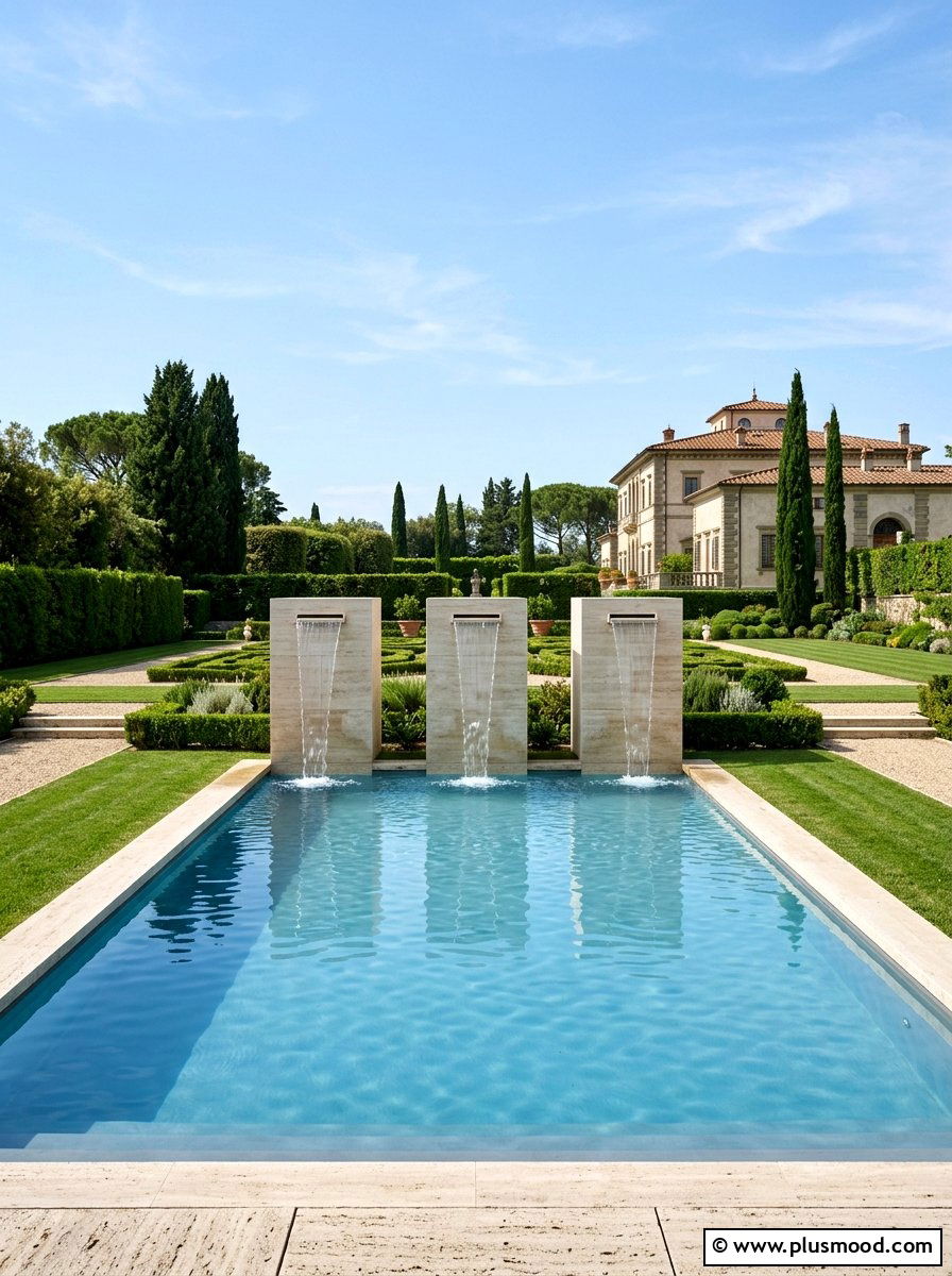 Geometric Pool Fountain - 25 pool landscaping ideas with water features