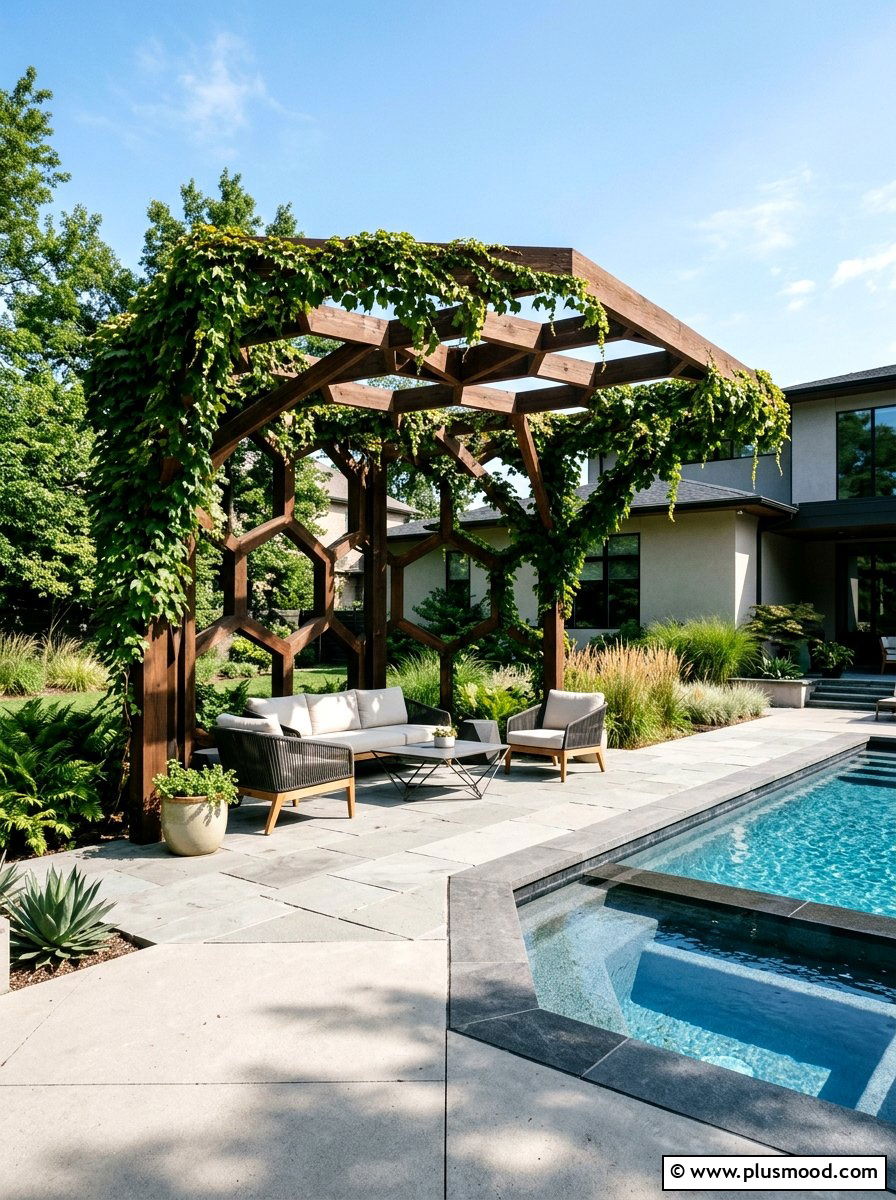 Geometric Pool Pergola - 25 pool landscaping ideas with pergola and vines