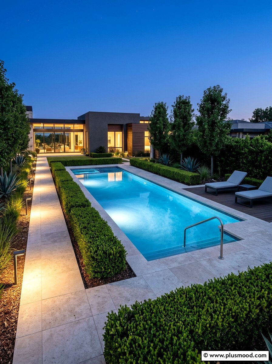 Geometric Pool Shape - 25 pool landscaping ideas with lighting