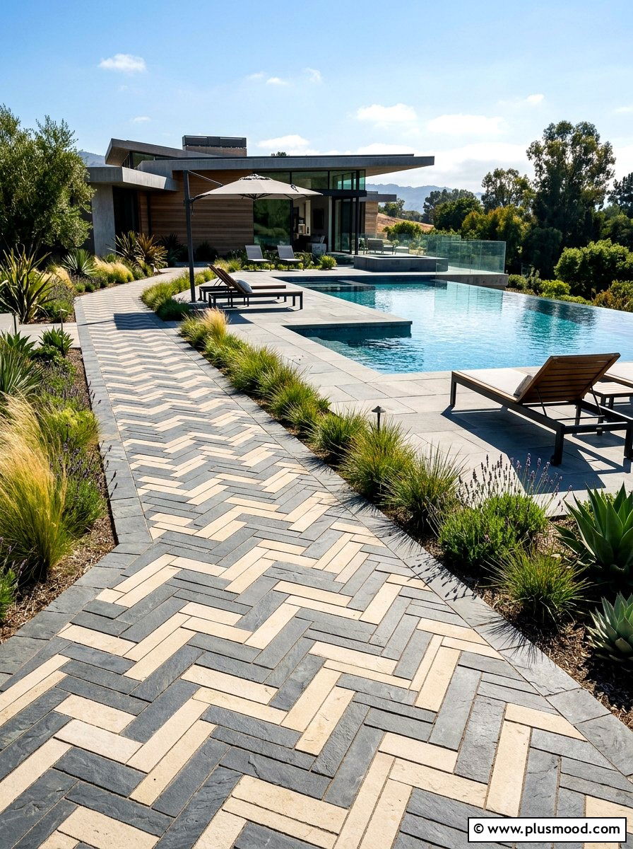 Geometric Stone Pattern Pathway - 25 pool landscaping ideas with stone pathway