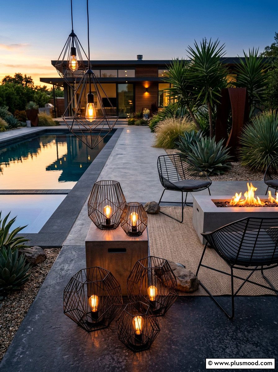 Geometric Wire Lanterns For Pool Seating - 25 pool landscaping ideas with lanterns