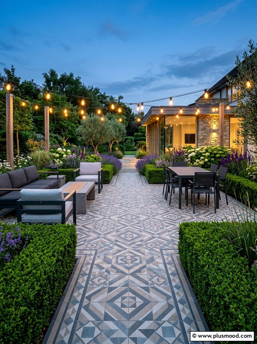 Geometric pattern tile patio - 25 pool landscaping ideas with tile accents
