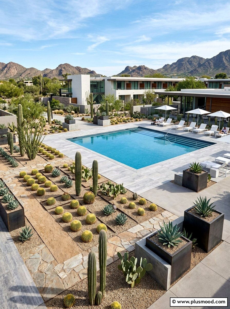 Geometric pool cactus landscape - 25 pool landscaping ideas with cactus garden