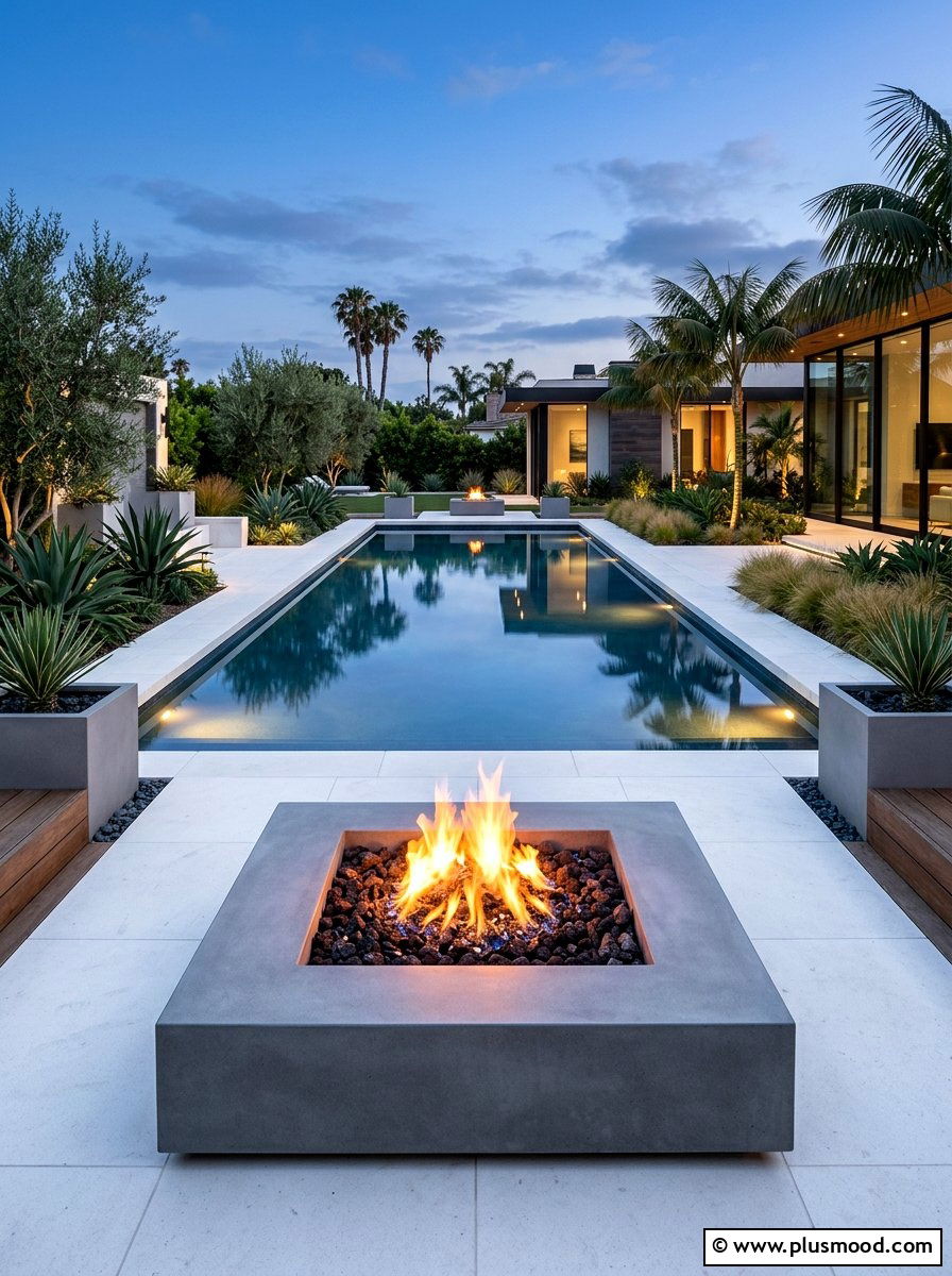 Geometric pool fire pit - 25 pool landscaping ideas with fire feature