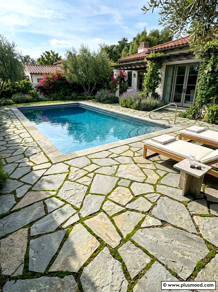 Geometric pool flagstone patio - 25 pool landscaping ideas for small lots